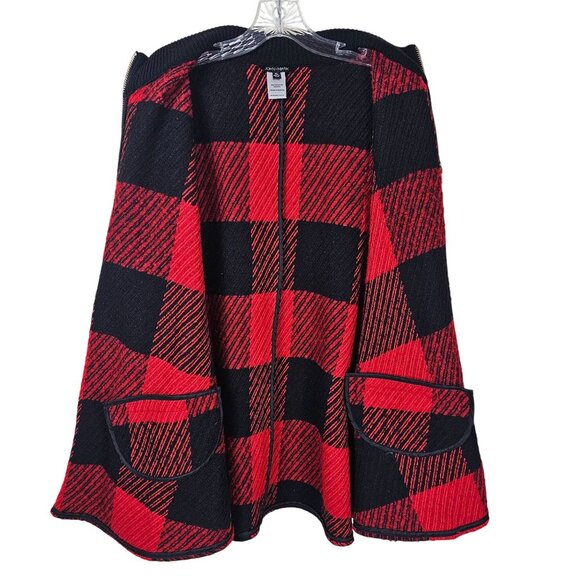 John Mark Red Buffalo Plaid Wool Blend Cape Poncho XL Zipper Pockets Arm Slits - Picture 5 of 8